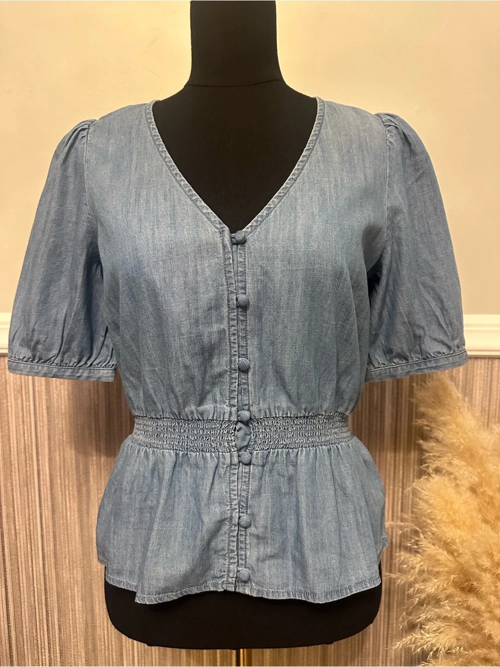 Madewell Chambray Smocked Waist Puff Sleeve Peplum Top NWT Size 2
